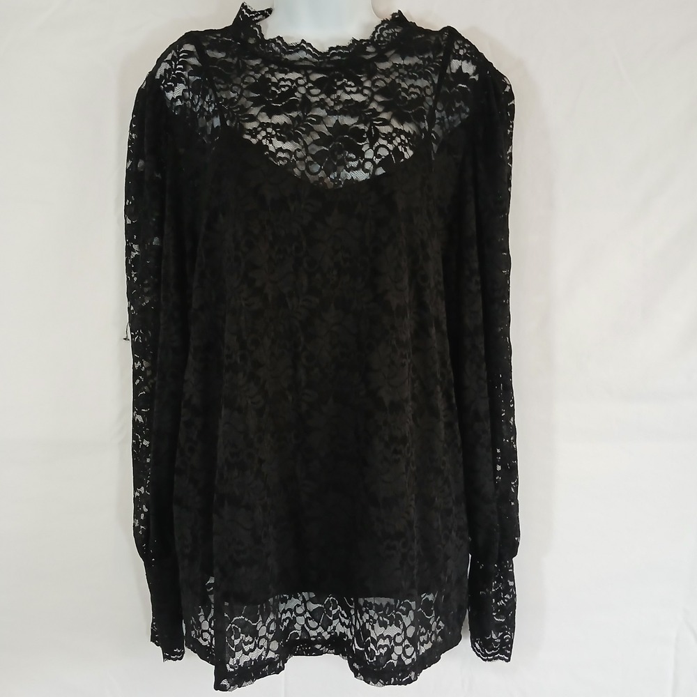 Dorose Top Black Sheer Overlay Floral Overlay Sz XL  Whimsical Boho Goth Witchy
